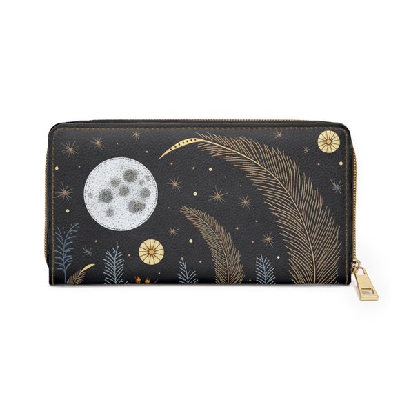 Celestial Moon Zipper Wallet | Black Flower Midnight Themed Wallet Design - Picture 5 of 5